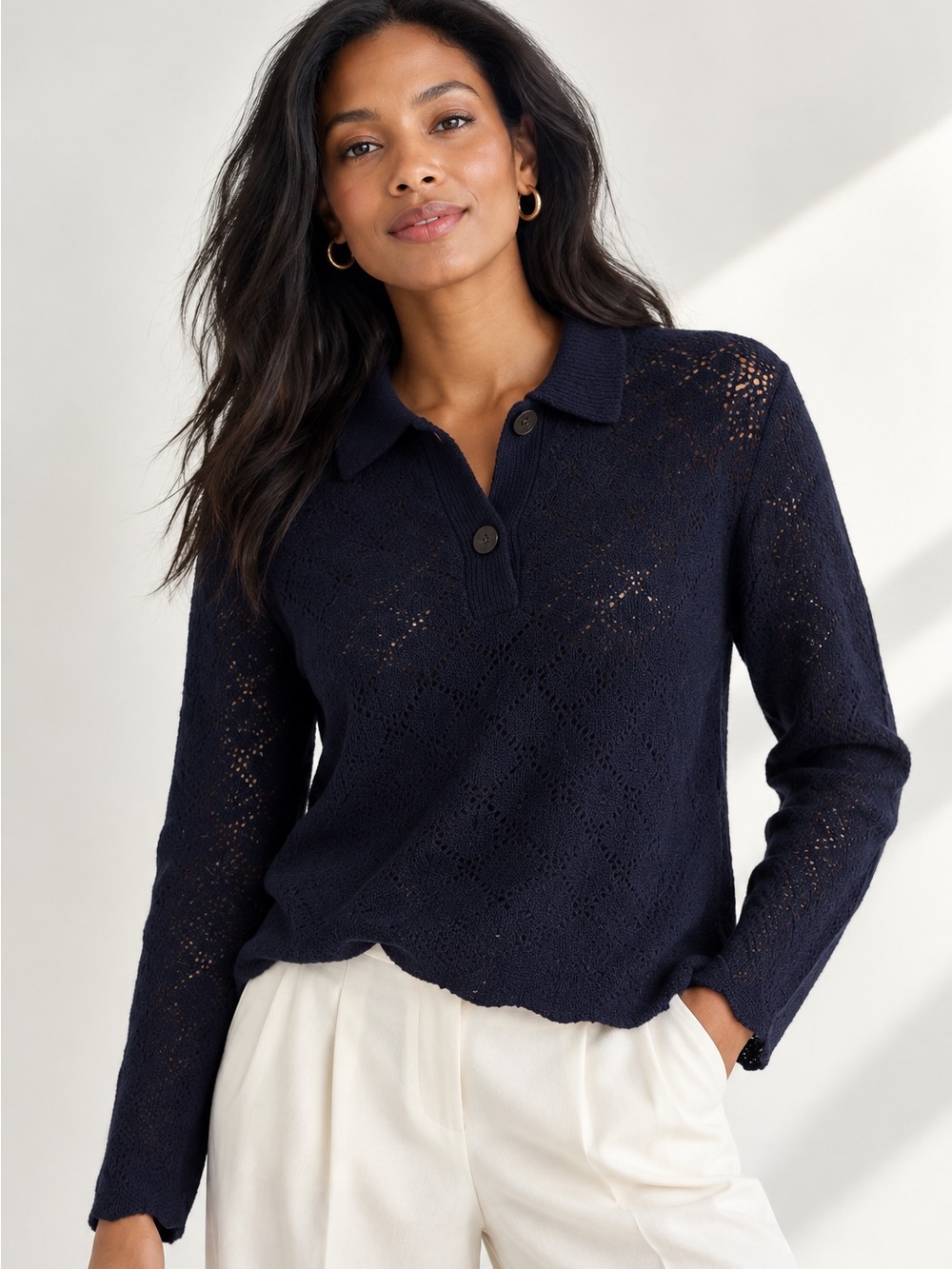 Vince Lace Stitch Long Sleeve Polo Sweater Navy Wool Cashmere Blend XL